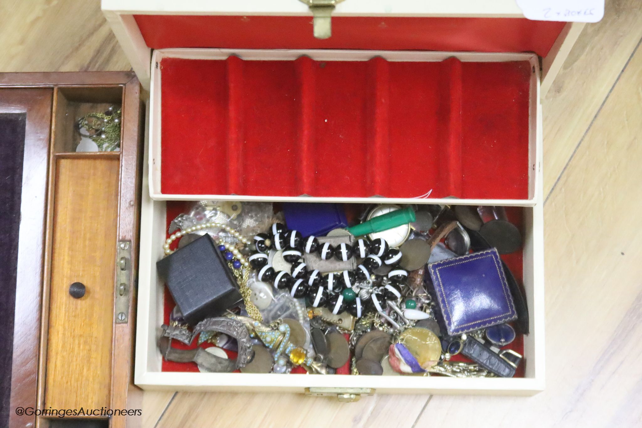 Mixed jewellery, coins, watches etc. including a banded agate necklace, a gem set sterling scimitar paper knife and a pair of white opal drop earring, together with a mahogany work box.